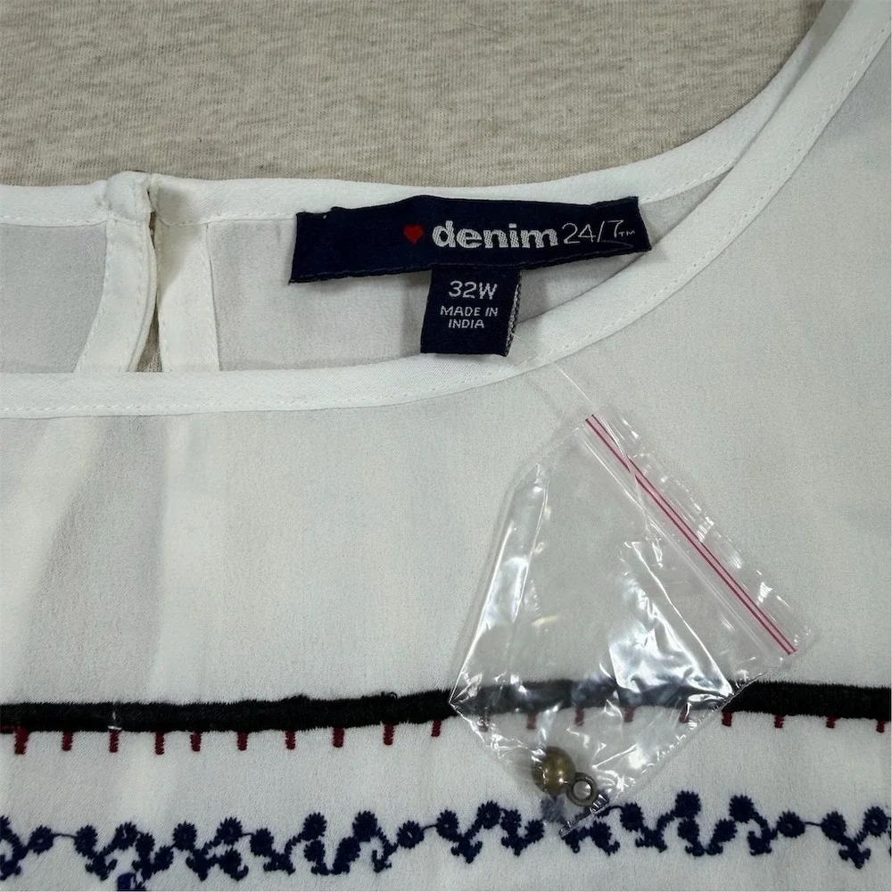 Denim 24/7 Blouse Womens Plus‎ Size 32 White Boho Peasant Tunic Embroidered